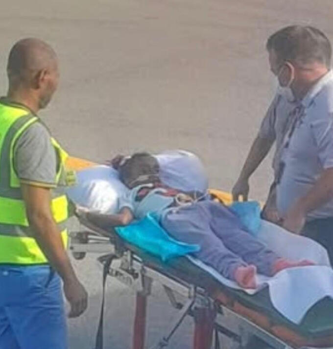 Melodia touching down on American soil after being rescued by the Hatzolah med team.